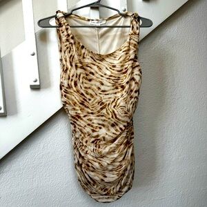 Jane + Delancey Blouse Small Tan Brown Sleeveless Mesh Strap Knot Ruched Animal